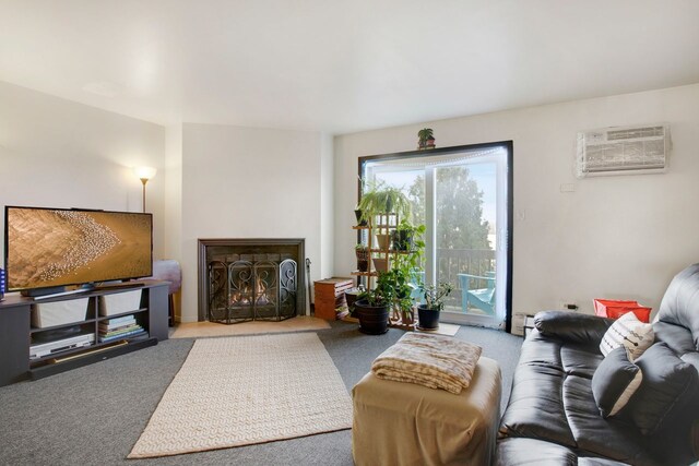 living room featuring an AC wall unit, carpet flooring, and a baseboard heating unit