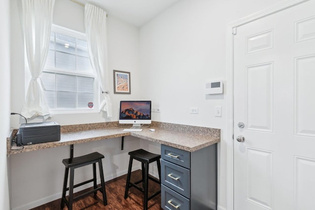 office featuring built in desk and dark hardwood / wood-style floors