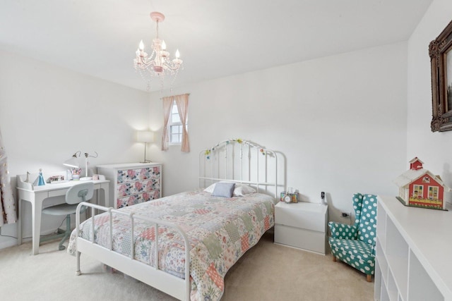 carpeted bedroom with a chandelier