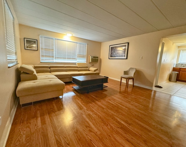 living room featuring light hardwood / wood-style flooring and a wall mounted AC