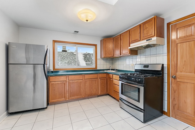 kitchen with backsplash, sink, light tile patterned floors, and stainless steel appliances