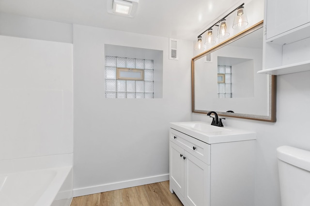 bathroom featuring vanity, toilet, and wood-type flooring