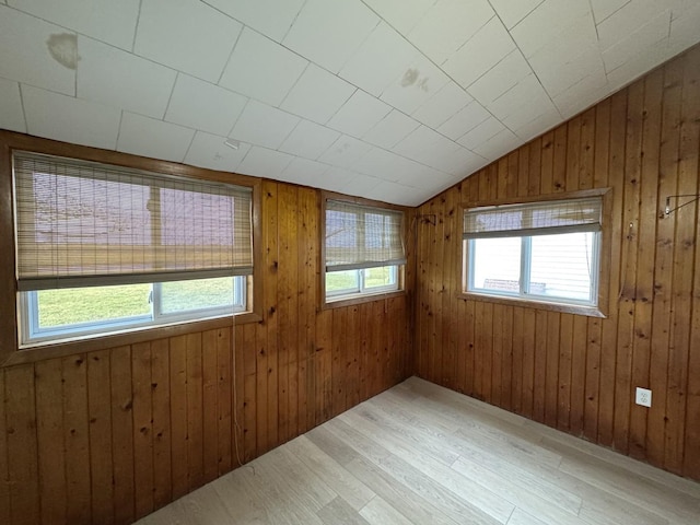 spare room with wood walls, plenty of natural light, and vaulted ceiling