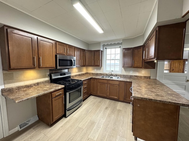 kitchen with sink, kitchen peninsula, light hardwood / wood-style floors, dark brown cabinets, and appliances with stainless steel finishes