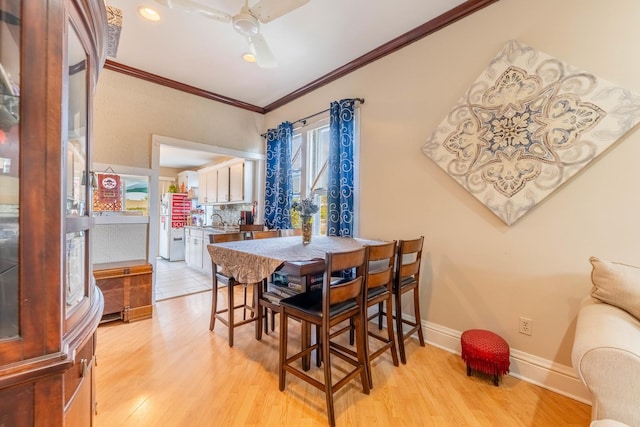 dining area featuring ceiling fan, light wood-type flooring, ornamental molding, and a wealth of natural light