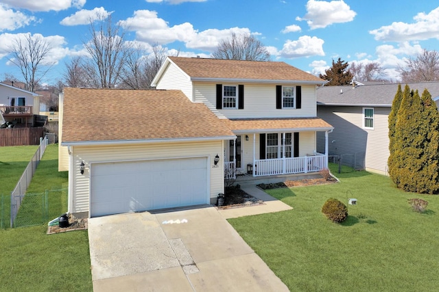 traditional-style home featuring a porch, an attached garage, fence, concrete driveway, and a front yard