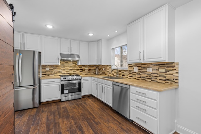 kitchen with dark hardwood / wood-style floors, sink, white cabinetry, and stainless steel appliances