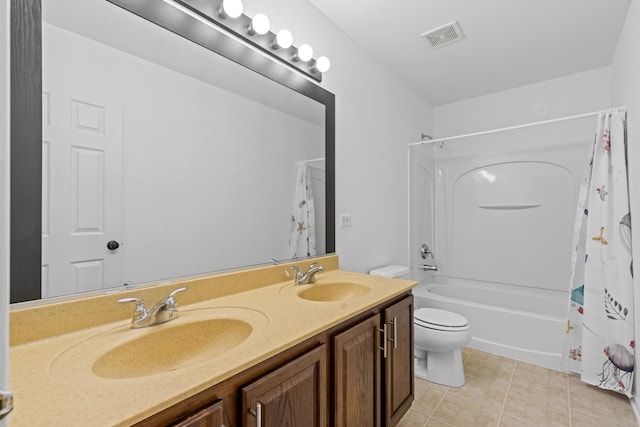 full bathroom featuring tile patterned floors, vanity, toilet, and shower / bathtub combination with curtain