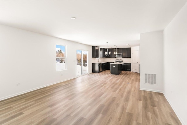 unfurnished living room featuring light wood finished floors, a sink, visible vents, and baseboards