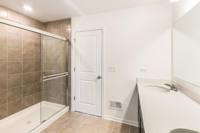 full bathroom with tile patterned flooring, vanity, visible vents, and a shower stall