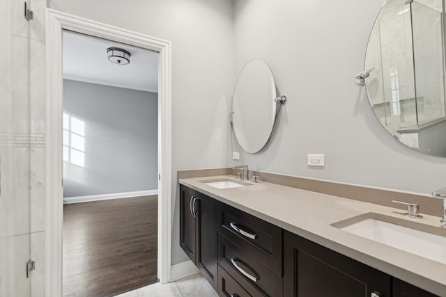 bathroom with double vanity, baseboards, ornamental molding, and a sink