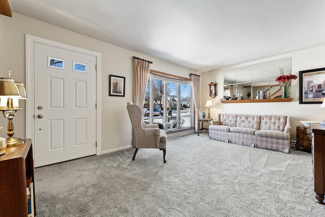 living room featuring light carpet