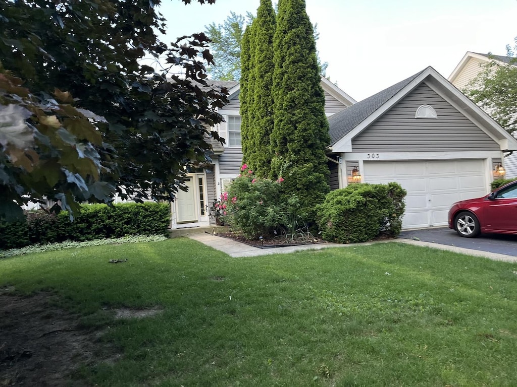 obstructed view of property with a front yard and a garage