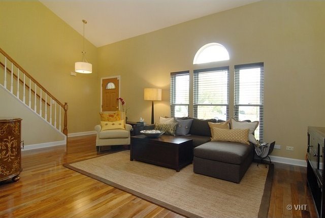 living room with hardwood / wood-style floors and high vaulted ceiling