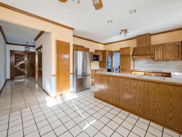 kitchen featuring black microwave, decorative backsplash, stainless steel fridge, ornamental molding, and light tile patterned floors