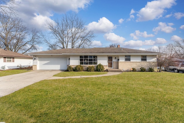 ranch-style house featuring a garage and a front yard