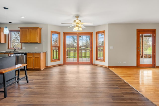 kitchen with stainless steel dishwasher, a wealth of natural light, ceiling fan, wood-type flooring, and hanging light fixtures