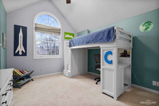 bedroom featuring ceiling fan, light carpet, and lofted ceiling