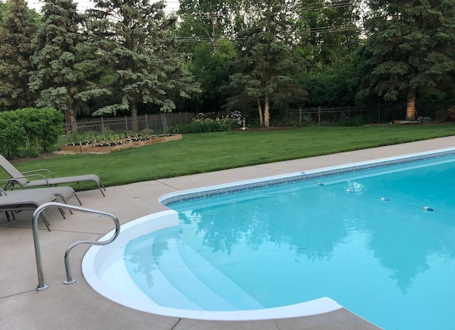 view of pool featuring a patio area and a yard