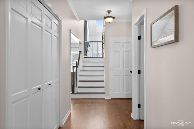 hall with crown molding and wood-type flooring