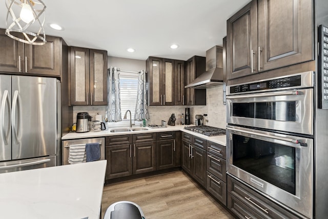 kitchen featuring backsplash, sink, light hardwood / wood-style flooring, wall chimney exhaust hood, and stainless steel appliances