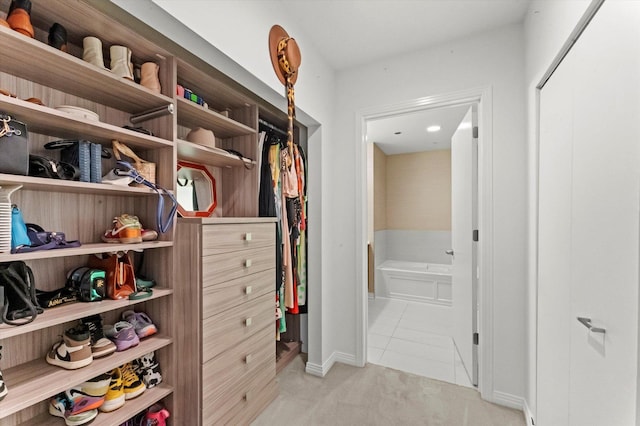 spacious closet featuring light carpet