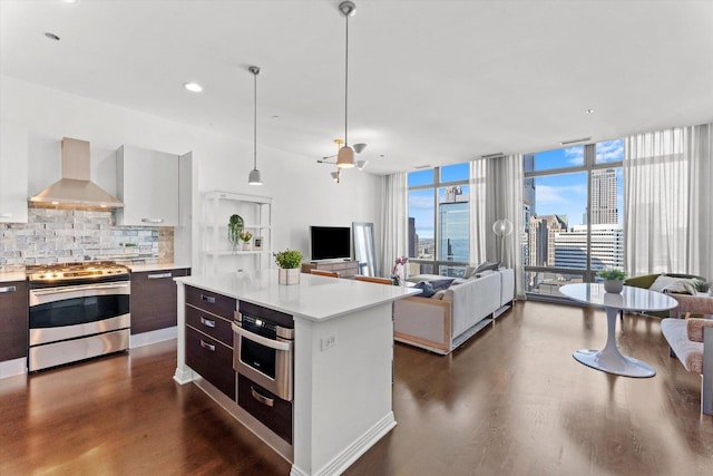 kitchen with wall chimney range hood, decorative backsplash, ceiling fan, a kitchen island, and stainless steel appliances