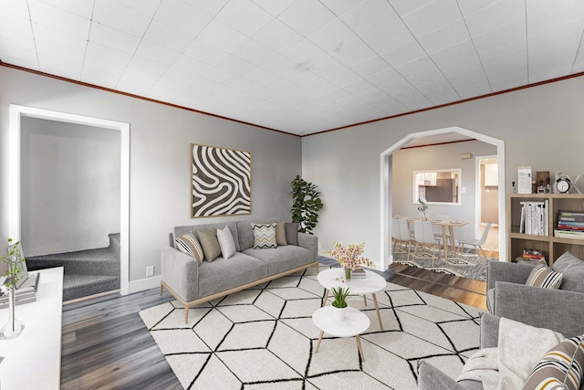 living room featuring dark hardwood / wood-style flooring and ornamental molding