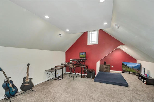 workout room with lofted ceiling, baseboards, carpet, and recessed lighting