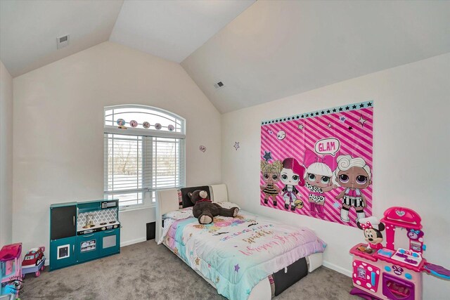 bedroom featuring carpet floors, lofted ceiling, visible vents, and baseboards