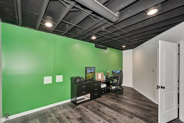 office space featuring dark wood-style floors and baseboards