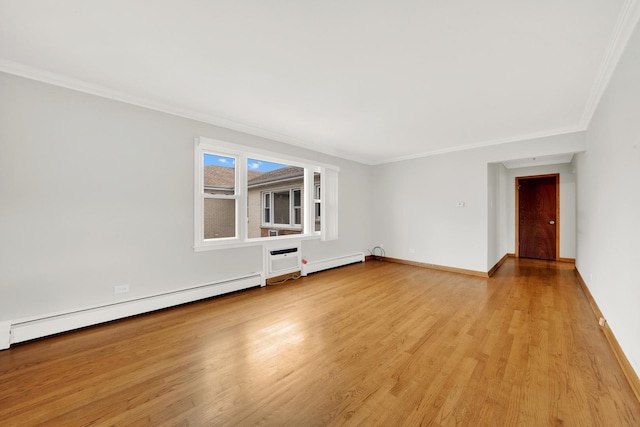 unfurnished room featuring light hardwood / wood-style floors, ornamental molding, and baseboard heating