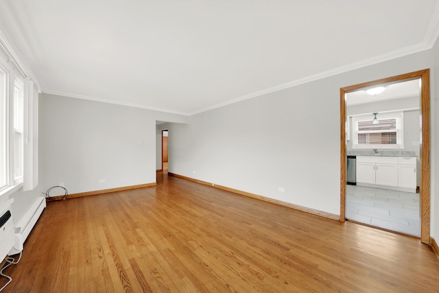 empty room featuring light wood-type flooring, crown molding, and sink