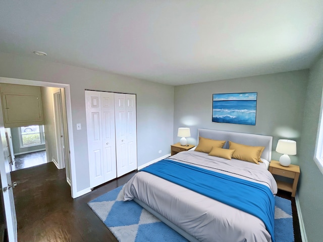 bedroom featuring dark hardwood / wood-style floors and a closet