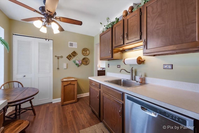 kitchen featuring dishwasher, dark hardwood / wood-style floors, ceiling fan, and sink