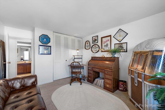 living room featuring light carpet