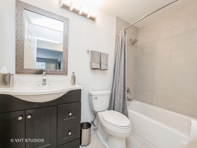 full bathroom with tile patterned floors, vanity, toilet, and shower / tub combo with curtain