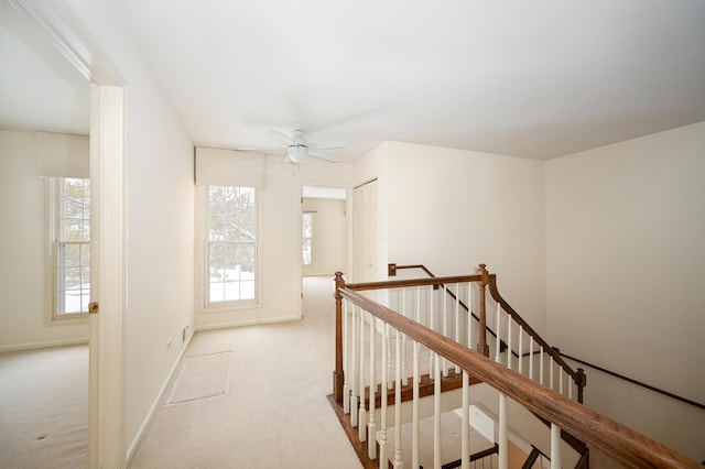 hallway featuring light colored carpet