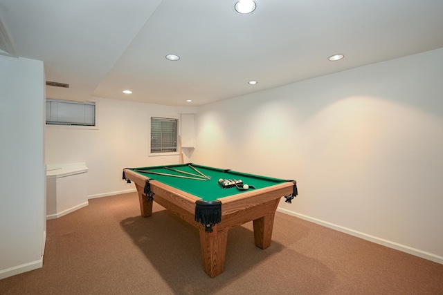 playroom featuring carpet and billiards