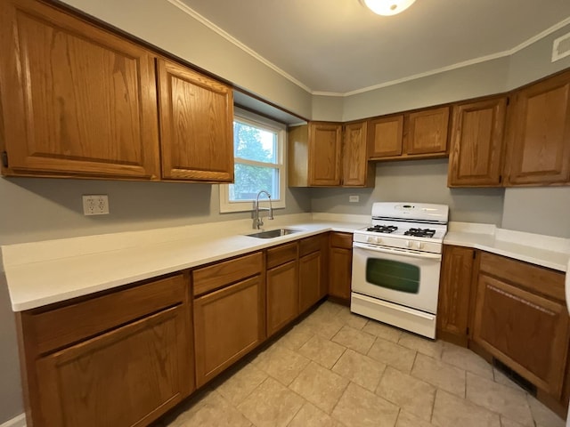 kitchen with white range with gas stovetop, sink, and ornamental molding