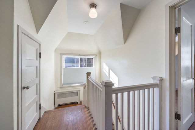 hallway with vaulted ceiling, radiator heating unit, and dark hardwood / wood-style floors