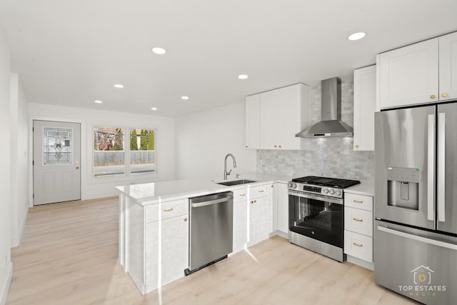 kitchen with wall chimney range hood, sink, white cabinetry, kitchen peninsula, and stainless steel appliances