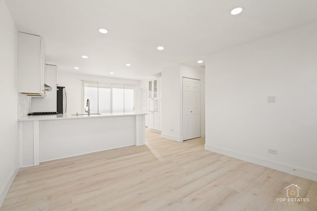 unfurnished living room featuring sink and light hardwood / wood-style flooring