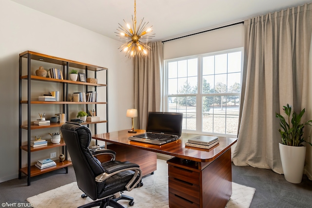 office featuring a notable chandelier and light colored carpet