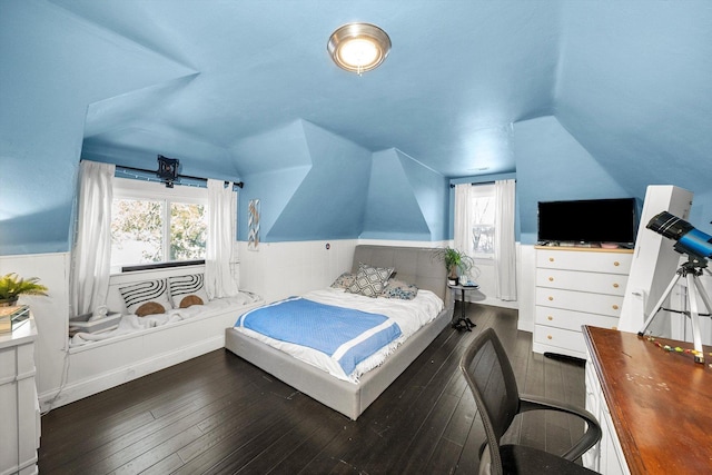 bedroom with vaulted ceiling and dark hardwood / wood-style floors