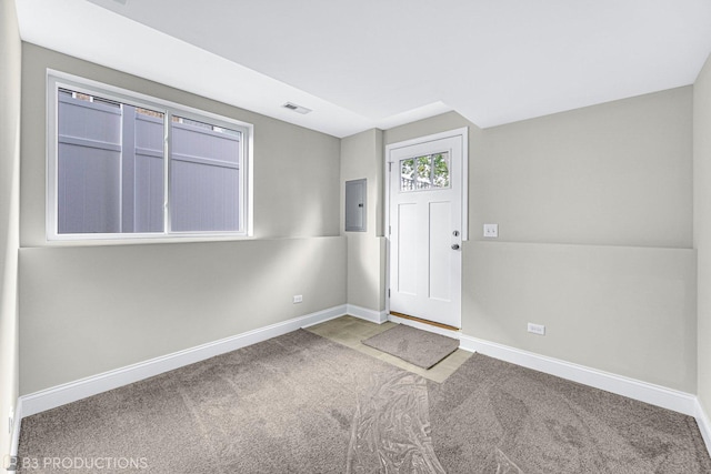 foyer featuring electric panel and carpet