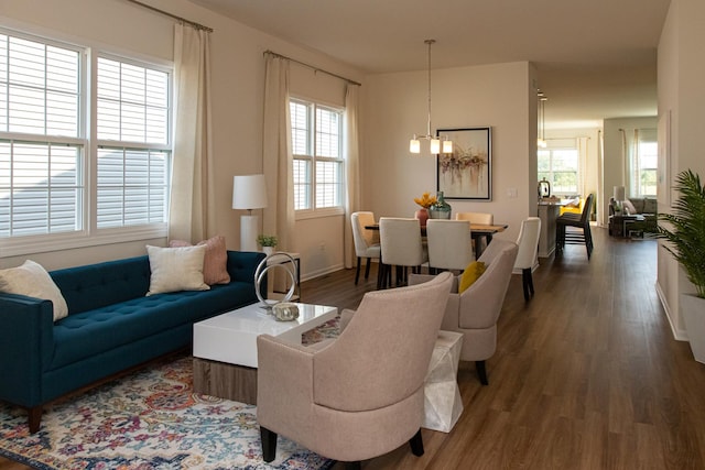 living room featuring plenty of natural light, wood-type flooring, and a chandelier