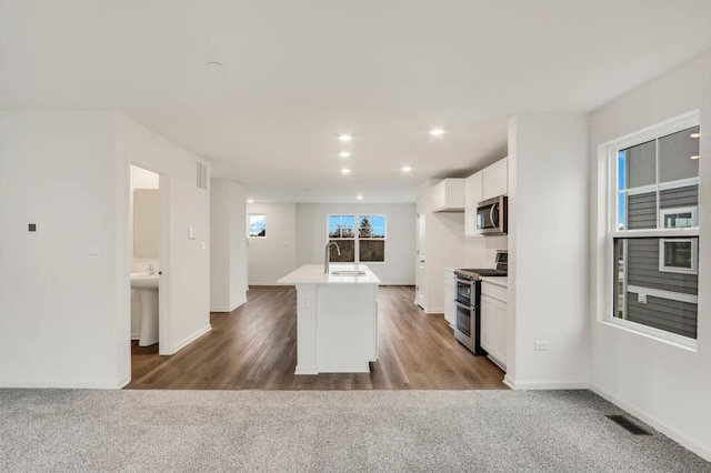 kitchen featuring white cabinets, stainless steel appliances, a center island with sink, and sink