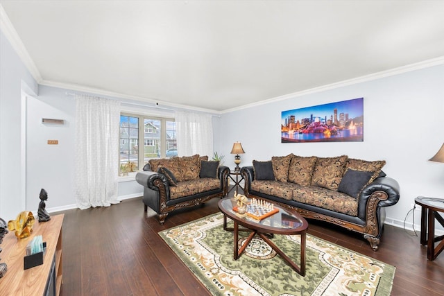 living room with dark hardwood / wood-style flooring and ornamental molding