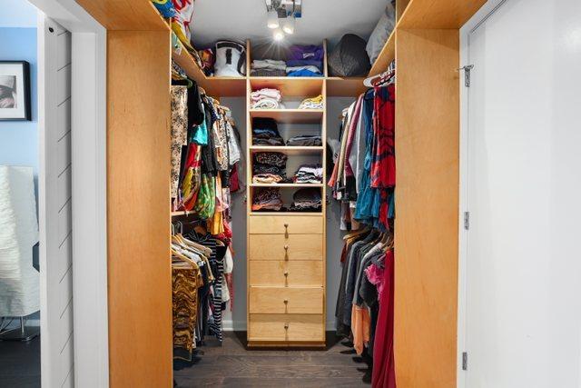 walk in closet with dark hardwood / wood-style flooring